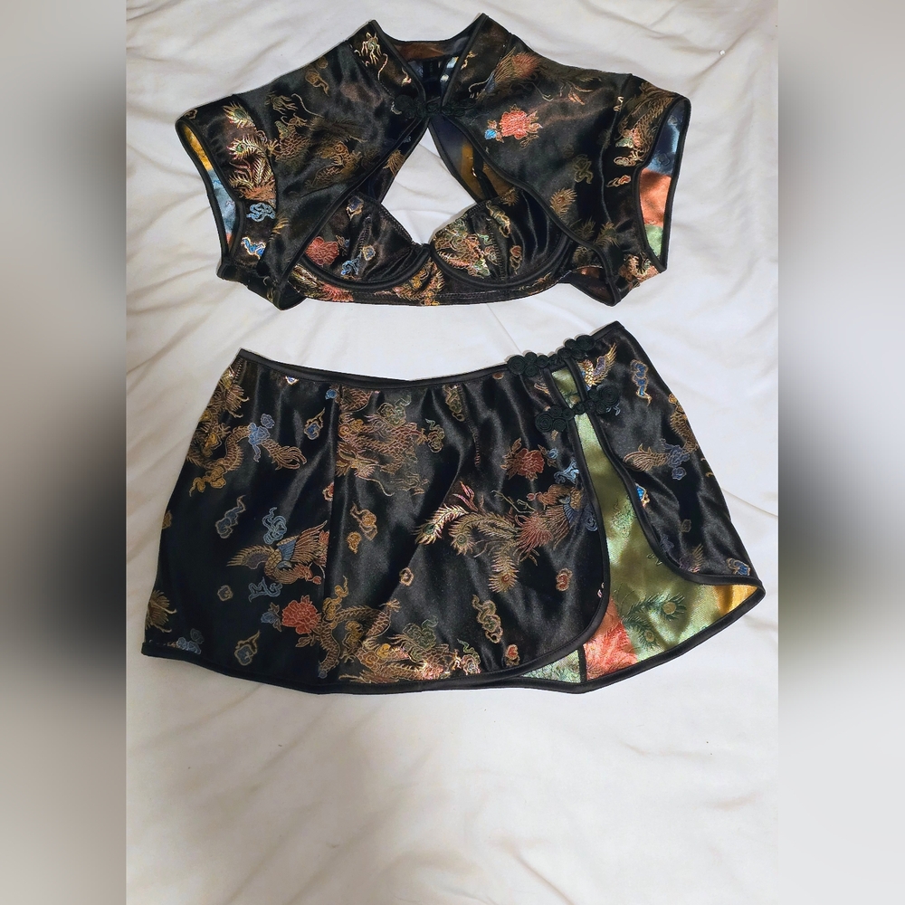 House of Desire Black Dragon Satin 3pc Set - NWOT